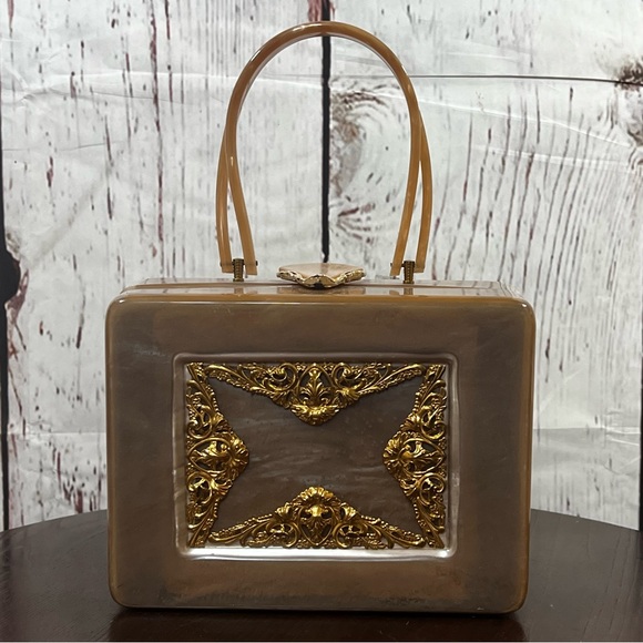 Retro Vintage Taupe Acrylic Box Bag with Gold Filigree - Picture 12 of 13
